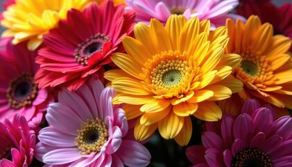 Close-up of a vibrant bouquet of flower heads, showcasing diverse colors and textures , lilies, wildflowers