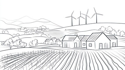 Rural landscape with wind turbines, fields, and houses.  Use Stock photo