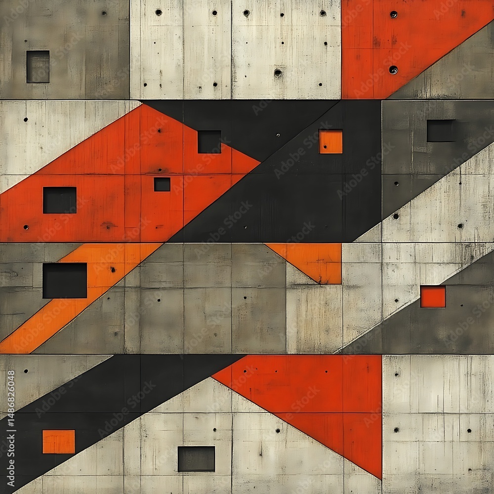 Poster abstract concrete wall design with geometric shapes in shades of gray, orange, and black. intricate 