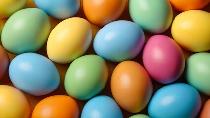 Colorful Hand-Painted Easter Eggs Arranged on Bright Yellow Background in Flat Lay Composition for Spring Holiday Decoration