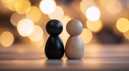 Wooden figures with unity, and bokeh lights.