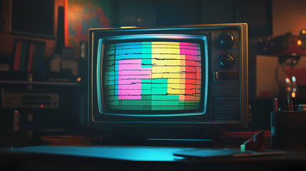 Retro television screen with colorful test pattern display. [Whispering Machines] | Glitch Memory | distorted past. Illustration