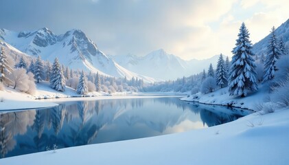 Serene winter landscape, snow-covered hills and frozen lake Perfect for winter wonderland themes , majestic, wallpaper, frosty
