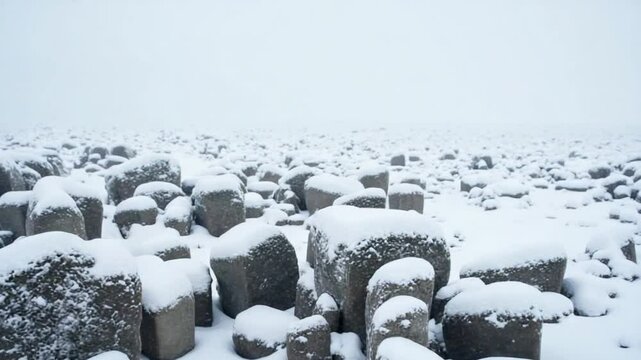 Snow-covered rocks on a windy plateau