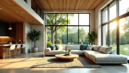 Open-plan living space, large windows, natural light, bright, decor
