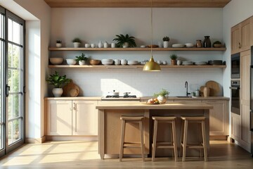 Bright kitchen with open shelving, rustic wood, decor, warm, vintage
