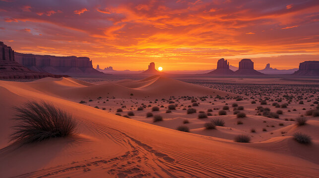 Vibrant orange and purple hues sunset over vast sandy dunes, unique rock formations, and sparse desert vegetation in - Powered by Adobe