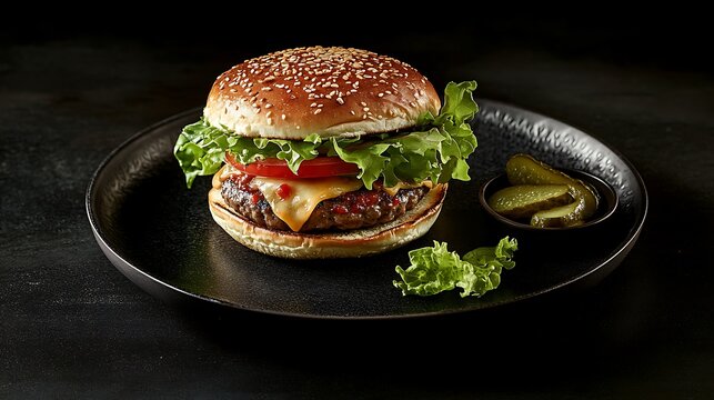 Juicy Cheeseburger with Lettuce, Tomato, and Pickles - Powered by Adobe