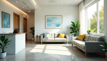 Fototapeta premium Friendly, modern GP office waiting area with comfortable seating and calming decor , examination, treatment, space