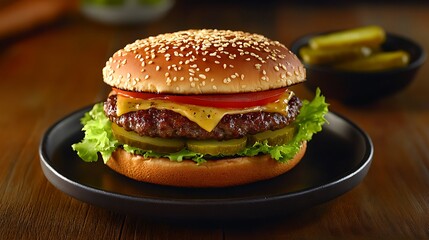 Classic Cheeseburger with Sesame Seed Bun, Lettuce, Tomato, and Pickles