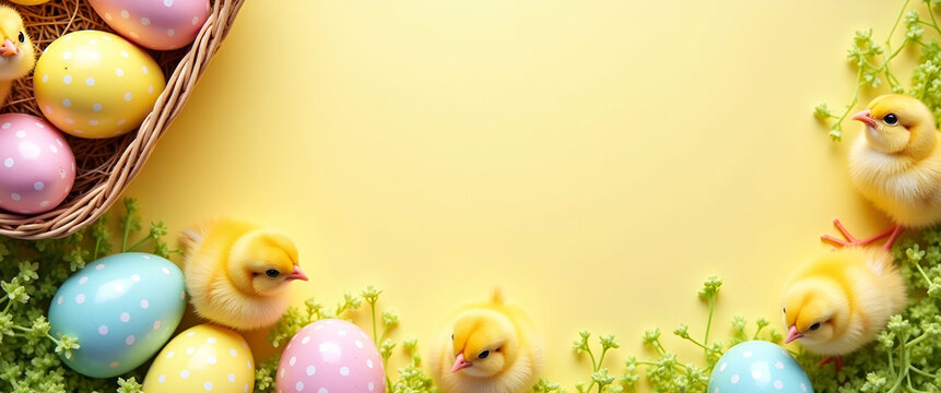 Easter basket and chicks border frame with joyful copy space for Easter concept as Joyful Easter basket and adorable chicks framing joyful space for Easter messages in  Photo Stock  Concept  and empty