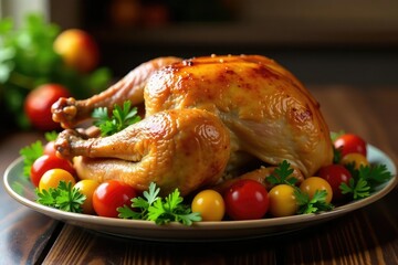 Golden roasted turkey on platter with stuffing, roast, centerpiece, food