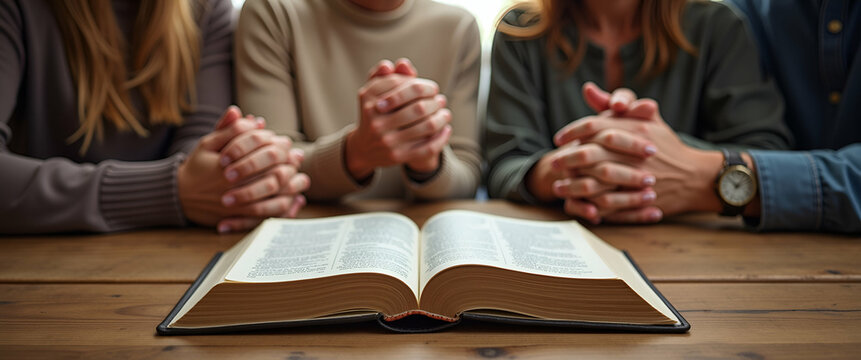 Christian Family Praying Together with Bible on Wooden Table - Devotional Worship Concept with Empty Space for Text