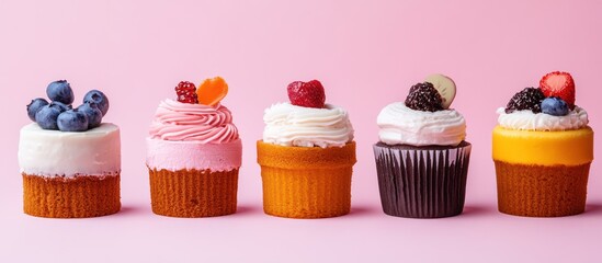 Five assorted cupcakes with various fruit toppings on pink background.