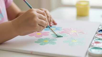 Child painting flowers on canvas - Powered by Adobe