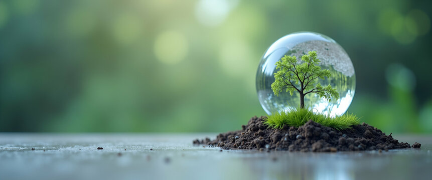 Visualizing ESG: A Crystal Globe Surrounded by Icons Representing Environmental, Social, and Governance Concepts for Sustainable Organizational Development - Stock Photo Concept with Space for Text