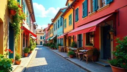 Fototapeta premium Charming European city street scene, cobblestone road, colorful buildings, cafe, flowers , plant, peaceful