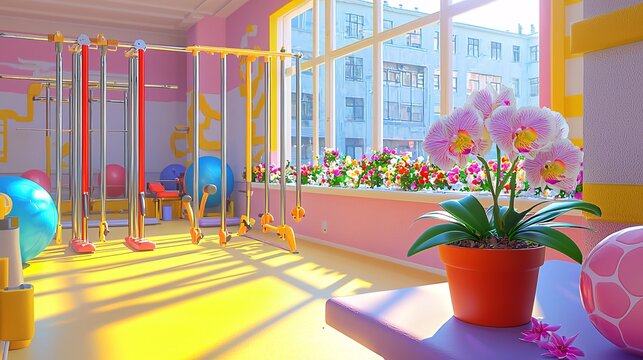rehabilitation gym with parallel bars, exercise balls and a potted orchid on the windowsill, morning sun streaming in rehab flowers, physical therapy, gym environment, potted orchid, parallel 