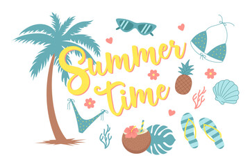 Colorful summer illustration with tropical elements: palm tree, coconut, bikini, flip-flops, and text "Summer Time". Perfect for beach designs and holiday-themed projects