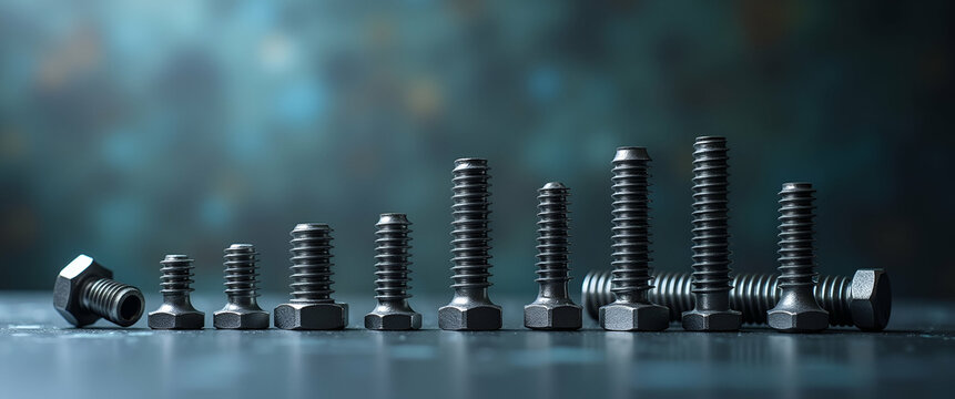 Exquisite Screw and Bolt Ensemble: Showcasing Mechanical Precision and Engineering Excellence in a Refined Industrial Background with Ample Empty Space for Customization