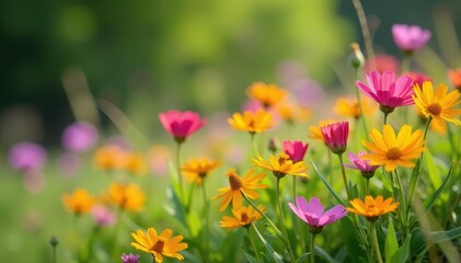 Close-up vibrant wildflowers blooming in meadow , pollination, floral, beauty