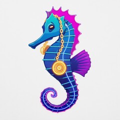Obraz premium Cool seahorse with gold chain and neon turntables on white background