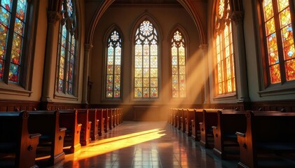 Fototapeta premium A peaceful church interior, sunlight streaming through stained glass windows , solace, worship, stained glass