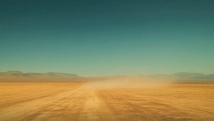 Dusty desert road stretches into hazy horizon