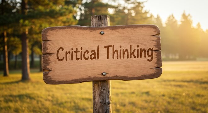 Wooden sign displaying Critical Thinking message invites thoughtful reflection