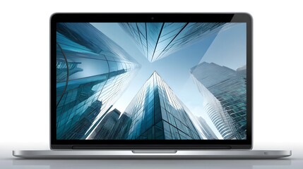 Sleek laptop displaying a stunning cityscape set against a clear and bright background