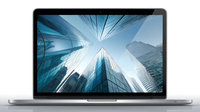 Sleek laptop displaying a stunning cityscape set against a clear and bright background