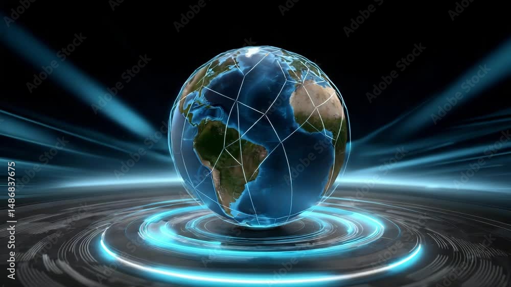 Poster digital globe network technology with glowing rings showing earth connection and digital future