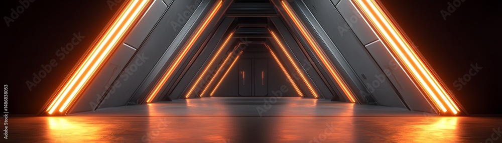 Poster abstract triangular corridor with orange neon lights.