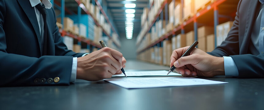 professional business partner meeting for work with certification approval concept logistics and warehouse in banner background concept as Colleagues finalize contract validations emphasizing shipping