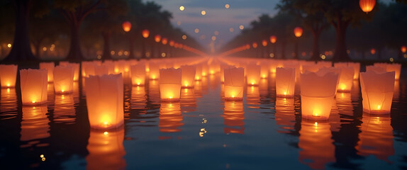 Mesmerizing display of floating lanterns ascending gracefully over tranquil waters casting enchanting glows that symbolize wishes and spiritual renewal in  Photo Stock  Concept  and empty space on the