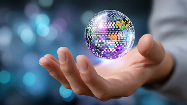 Hand holding glowing digital globe with colorful pixel light and vibrant digital patterns