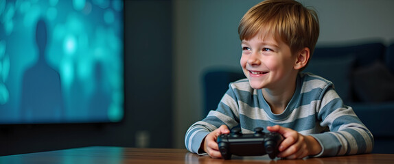 Boy enjoying fun strategy games on modern gaming console showcasing youthful engagement and gaming skills. concept as Boy playing strategy games on console highlighting youthful engagement and gaming 