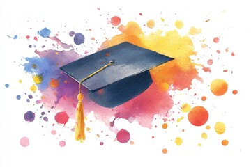 Graduation cap surrounded by colorful watercolor splashes celebrating academic achievement. High quality