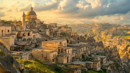 Fototapeta premium Ancient stone city at sunset panoramic view of historic hillside architecture