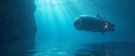 Fototapeta premium Futuristic Underwater Exploration: Modern Minimalist Wallpaper Featuring Autonomous Underwater Vehicles and Advanced Oceanic Imaging in Expansive Empty Space