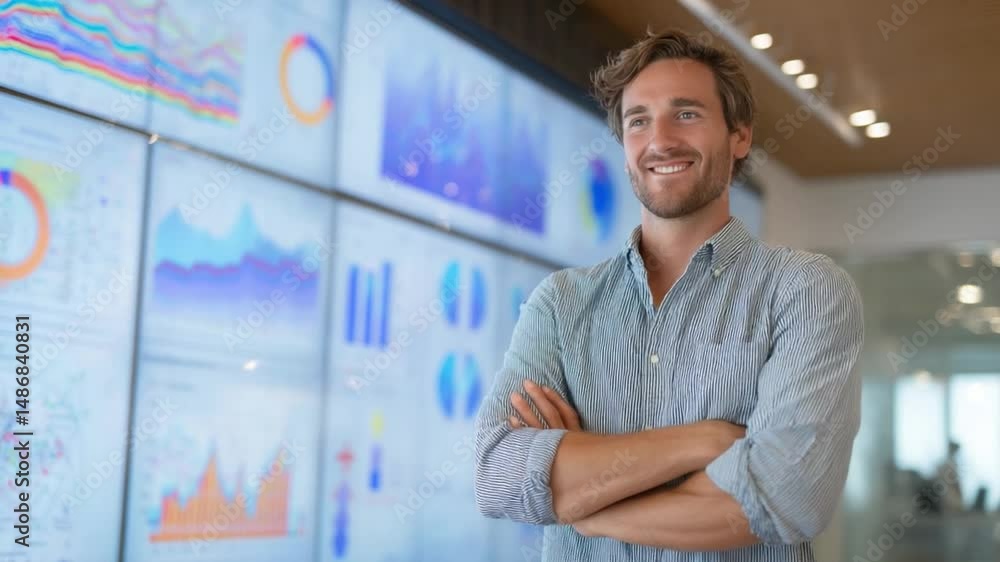 Aufkleber smiling success in a data-driven world: a confident business professional stands before a wall of dy