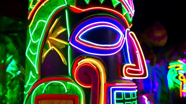 Vibrant neon tiki statue glows in a dark tropical themed room, creating a festive and exotic ambiance for parties and entertainment.