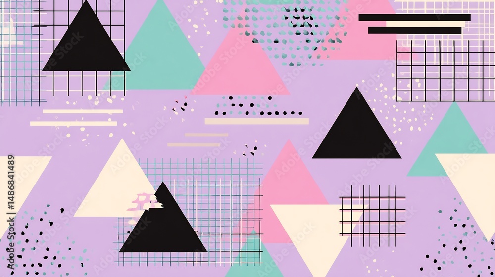 Poster playful abstract retro design with geometric shapes on a lavender background