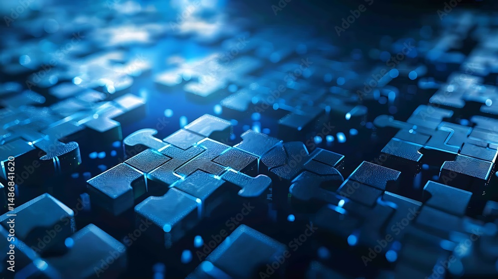 Poster abstract blue puzzle pieces assembled concept of problem solving and connection