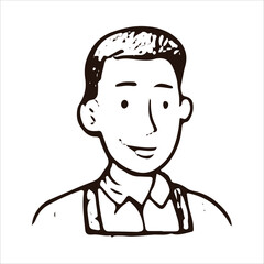 Hand-drawn sketch of a barista's face with a hat, ideal for cafe and hospitality designs. Black and white vector style, perfect for coffee culture and service branding