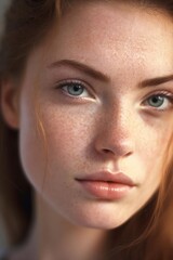 Fototapeta premium A young woman with fair skin, freckles, and striking green eyes, auburn hair, and soft natural makeup.