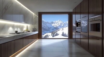 Fototapeta premium Modern kitchen with mountain view, sleek cabinetry, and marble countertops