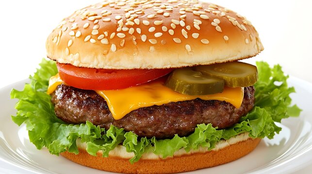 Classic Cheeseburger with Sesame Seed Bun, Lettuce, Tomato, and Pickles - Powered by Adobe