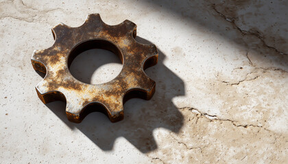 A rusted gear on concrete with shadows.  Generative AI.