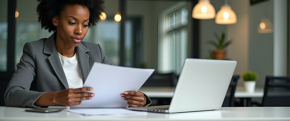 Busy Young African American Business Woman Executive Working in Office: Vertical Photo of Employee with Laptop and Income Documents, Ideal for Stock Photography with Space for Text